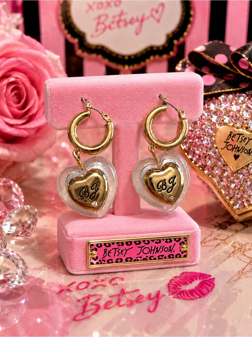 Betsey Johnson Acrylic Heart Huggie Hoop Earrings – Gold Tone & Light Blue